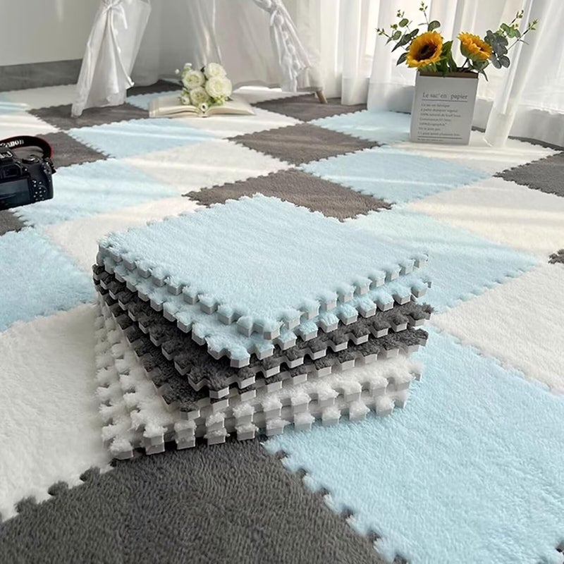 Typutomi 12pcs Plush Puzzle Foam Floor Mat, Cute Soft Fluffy Interlocking Square Foam Tiles Area Rugs Carpet for Parlor Bedroom Decoration(11.8x11.8x0.4in, Grey&White&Light Blue) - Image 1